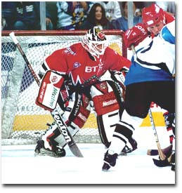 Frank Caprice in goal for the Cardiff Devils