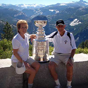 Boston Bruins owner Jeremy Jacobs and his wife Margaret sharing a moment with the Stanley Cup at Yosemite National Park.
