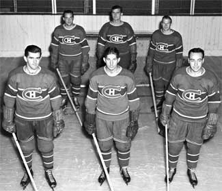 Bill Durnan with his starting Montreal line-up, including Maurice Richard, Elmer Lach & Toe Blake - the Punch Line