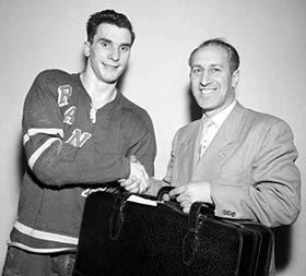 New York Ranger player Dean Prentice and Frank Boucher