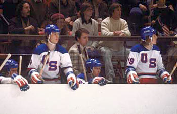 Herb Brooks behind the bench of the 1980 U.S. Olympic Team.