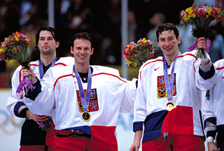 Canada's Brendan Shanahan is stopped by Dominik Hasek of the Czech Republic during a shoot out in the semifinal of the 1998 Olympic Winter Games in Nagano, Japan.
