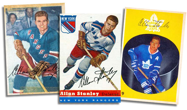 Three of Allan Stanley's hockey cards: 1953-54 Parkhurst card, 1954-55 Topps card card, 1962-63 Parkhurst card.