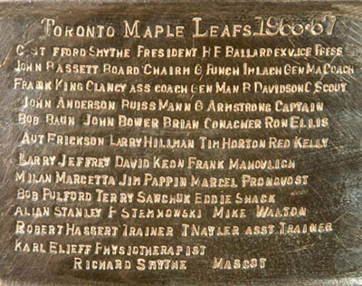 Allan Stanley's name among the Stanley Cup 1966-67 Toronto Maple Leafs engravings