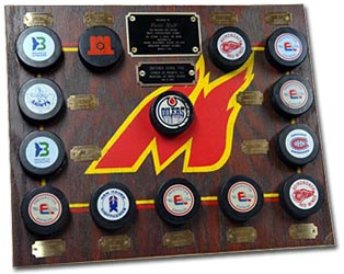 On March 7, 1987 this plaque was presented by the Owners, Management and fans of the Moncton Flames to Brett Hull after he broke the AHL record for most consecutive games with a goal or more.  Hull would record goal #14 on February 21, 1987.