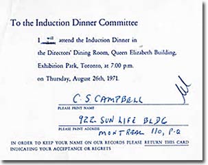 RSVP card from Clarence Campbell acknowledging attendance to 1971 Induction Dinner