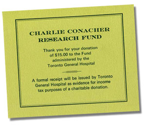 Thank You card for a donation to the Charlie Conacher Research Fund administered by the Toronto General Hospital.