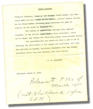 Press release was sent out by Clarence Campbell informing Charlie Conacher, Coach of the Chicago Black Hawks has been fined $200 for his attack on Lew Walter, Detroit hockey writer following a game in Detroit on February 8, 1950.