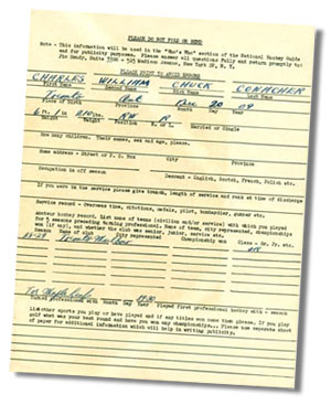 Form for Charlie Conacher filled in by Jim Hendy for 'Who's Who' section in the National Hockey League's Guide and Record Book