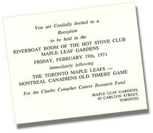 Invitation to a reception for the Charlie Conacher Cancer Research Fund at the Riverboat Room of the Hot Stove Club at Maple Leaf Gardens