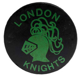 Puck used by London Knights forward Dino Ciccarelli to score his first OMJHL goal versus the Kitchener Rangers