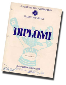 Team Canada member Dino Ciccarelli's participation diploma from the 1979-80 World Junior Championships in Helsinki and Vantaa, Finland