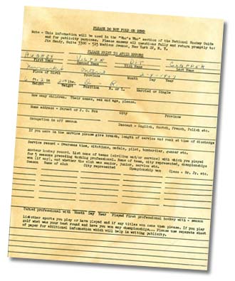 Information form for 'Who's Who section of the National Hockey League's Guide and Record Book for Aubrey 'Dit' Clapper as filled in by Jim Hendy.