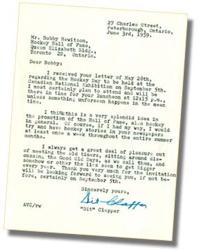Letter from Dit Clapper to Bobby Hewitson of the Hockey Hall of Fame confirming the intention of attending Hockey Day.