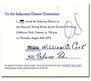RSVP card from Bill Cook acknowledging that he would be unable to attend the 1971 Induction Dinner in Toronto