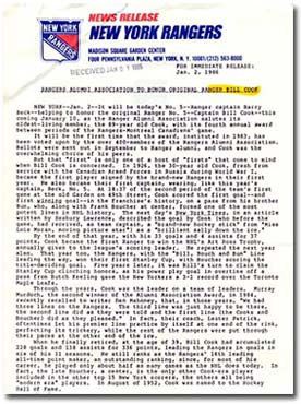 News release acknowledging that the Rangers Alumni Association would be honouring original Ranger Bill Cook