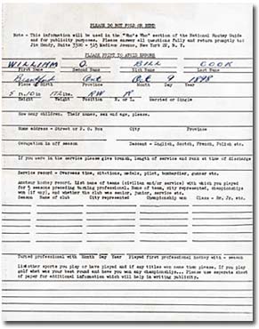 Information on various topics, including minor hockey career, accomplishments in other sports, ancestry, military service, and off-season employment filled in by Jim Hendy for William Bill Cook