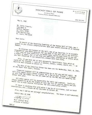 Letter to Emile Francis congratulating him on on his election to the Hockey Hall of Fame