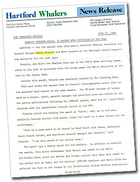 Hartford Whalers press release announcing that Emile Francis had been honoured as the NHL's top exec for 1985-86