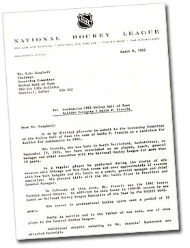 Letter to Clarence Campbell, Chairman of the Governing Committee of the Hockey Hall of Fame, nominating Emile Francis