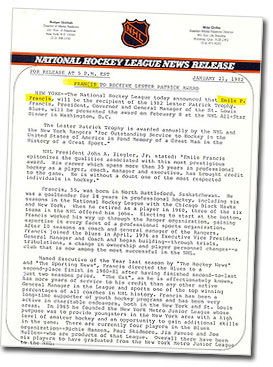 Press release sent to NHL announcing Emile Francis as recipient of the 1982 Lester Patrick Trophy
