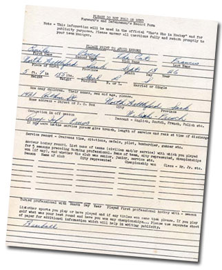 Form with Emile Francis' information for 'Who's Who' section of the NHL's Guide and Record Book