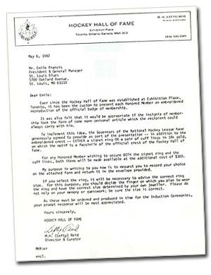 Letter from the Hockey Hall of Fame to newly elected Honoured Member Emile Francis offering a choice of memorabilia