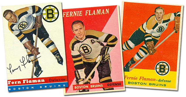 Three of Fern Flaman's hockey cards: (from left to right) a 1954-55 Topps card, <br>a 1957-58 Topps card and a 1958-59 Topps card.