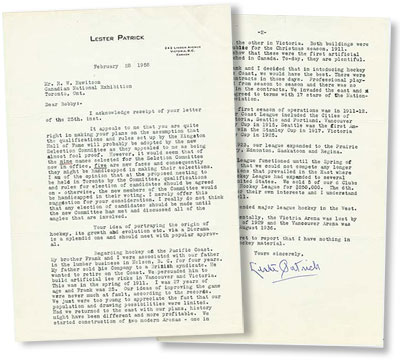 Letter from Lester Patrick to R.W. Hewitson of the Hockey Hall of Fame