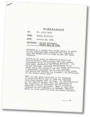 Memorandum sent by Scotty Morrison to Lefty Reid of the Hockey Hall of Fame on January 28, 1987 along with an enclosed letter from Frank Udvari in which he nominated Matt Pavelich for induction into the Hockey Hall of Fame in the on-ice officials category.