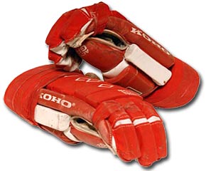 Gloves worn by Luc Robitaille while leading Canada to the gold medal at the 1994 IIHF World Championship in Bolzano, Italy.