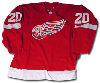Detroit Red Wings jersey worn by Luc Robitaille throughout the second half of the 2001-02 NHL season.