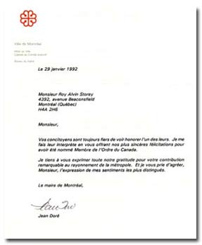 On January 29, 1992 the Mayor of Montreal Jean Dore sent this letter to Red Storey congratulating him on becoming a Member of the Order of Canada.