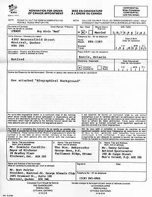 Red Storey's Nomination for Order of Canada appointment form.