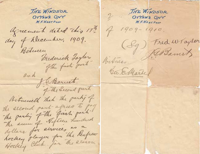 Frederick Taylor's 1909-10 player contract with the Renfrew Millionaires hockey club signed on December 17th, 1909