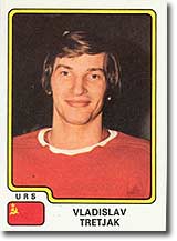 A Vladislav Tretiak sticker card from the Panini 1979 World Championship collection