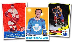 Three hockey cards that span the distinguished career of Norm Ullman