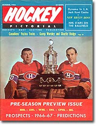 October 1966 Hockey Pictorial magazine with Montreal goalies Gump Worsley and Charlie Hodge
