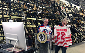 From the HHOF D.K Seaman Hockey Resource Centre, hockey historian Kevin Shea (left) and Hall of Fame Curator and Vice President Phil Pritchard, engage Indigenous students through selected artifacts and stories.