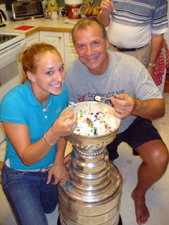 Family and friends of Carolina Hurricanes assistant coach Jeff Daniels eat ice cream out of the world's greatest sundae dish in Morrisville, North Carolina.