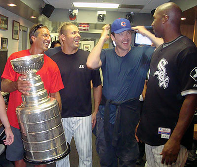 John Cusack,Chris Chelios, Eddie Vedder and the Stanley Cup in the Chicago White Sox dressing room