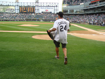 Chris Chelios throws out the first pitch at a Chicago White Sox home game at U.S. Cellular Field.