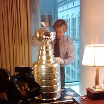 Phil Pritchard of the Hockey Hall of Fame prepares the Stanley Cup prior to Game Six of the 2010 Stanley Cup Finals