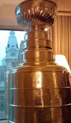 The Stanley Cup looks out upon downtown Philadelphia and City Hall.