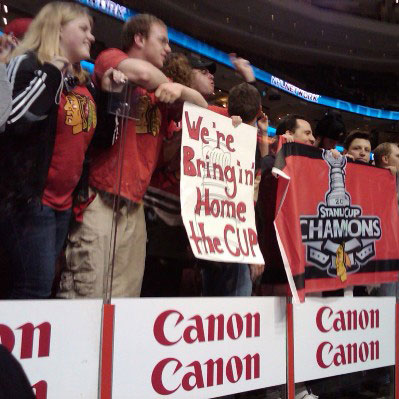 Chicago Blackhawks fans show their support in Philadelphia during Game Six of the 2010 Stanley Cup Final.