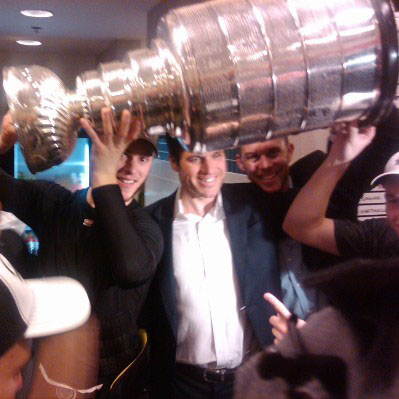 Jonathan Toews hoists the Stanley Cup in the Chicago Blackhawks dressing room following the thrilling overtime victory in Game Six of the 2010 Stanley Cup Finals.