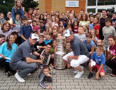 Tomas Kopecky and Marian Hossa brought the Stanley Cup to a local high school in Trencin.
