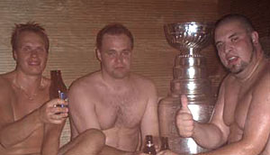Antti Niemi and friends with Lord Stanley in the sauna.
