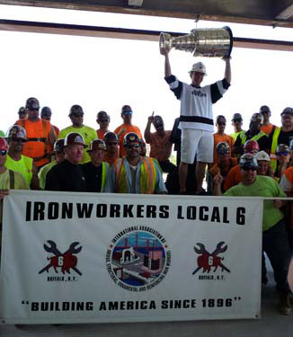 Patrick Kane and the Stanley Cup visit some iron workers from Local 6 in Buffalo, NY.
