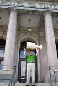 Stephane Waite and the Stanley Cup on the steps of City Hall